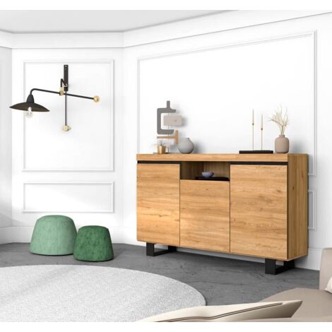 Skraut Home - Credenza Soggiorno Sala da pranzo Ufficio Colore ''Rovere/Nero'' 3 Porte 1 Vano 140x40x92 cm, Nordico (1/4)