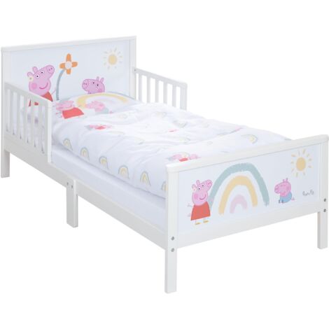 roba Letto per Bambini a Tema Peppa Pig - 70 x 140 cm - Rete a Doghe e Biancheria da Letto Incluse - Sponde Laterali - da 0 a 7 Anni - Materiali Certificati e Sicuri - Legno Laccato Bianco (1/5)