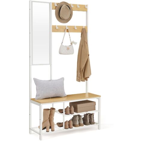 VASAGLE Appendiabiti, Mobile Ingresso con Ganci, Specchio, Panca Scarpiera e Ripiani, 36 x 98 x 185 cm, Corridoio Camera da Letto Salotto, Color Rovere e Bianco HSR050W09