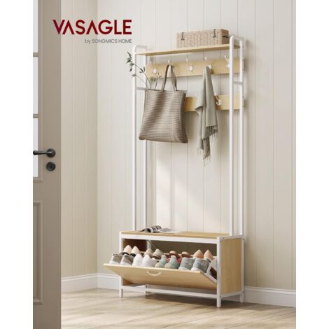 VASAGLE Appendiabiti con Scarpiera a Ribalta, Mobile da Ingresso, con Panca, 9 Ganci e Mensola Superiore, per Corridoio Camera da Letto, Stile Moderno, Rovere e Bianco
