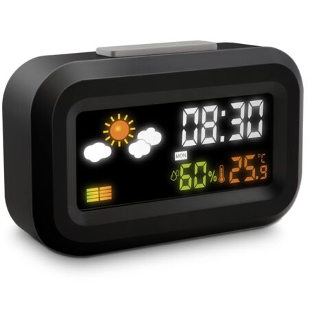 Metronic 477340 - Sveglia digitale da viaggio a batterie, display LCD retroilluminato a colori, orologio 12/24 ore, Snooze, calendario, meteo, temperatura, umidità
