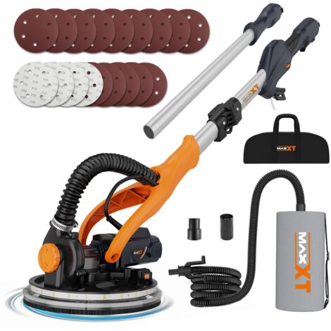 MAXXT Levigatrice per cartongesso Pieghevole Con aspirazione polvere VERO sistema di autoaspirazione Luce LED impugnatura telescopica Velocità variabile Motore 820W Sei dischi abrasivi 225mm