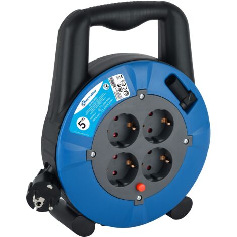 Electraline 49077 H05VV-F 3G1,5 cavo-IP20 Indoor/Avvolgicavo con 4 Prese Schuko, Scatola con prolunga, Rullo con manovella da 5 m, Blu, 5M (1/3)