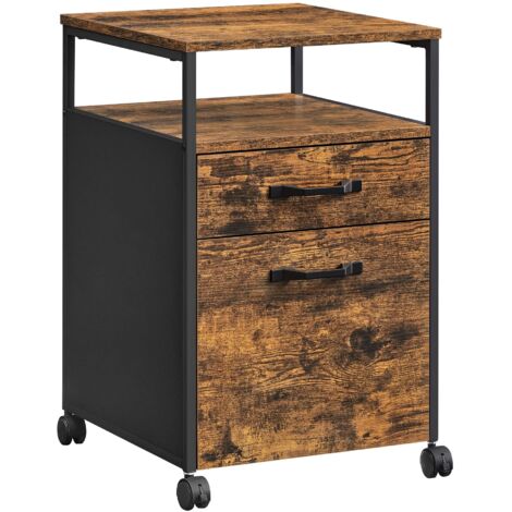 VASAGLE Schedario con 2 Cassetti, Mobile per Ufficio con Ruote, Ripiano Aperto, Struttura in Acciaio, Stile Industriale, Marrone Vintage e Nero Inchiostro OFC71X