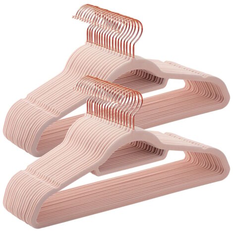 SONGMICS Grucce Appendiabiti in Velluto, 50 Pezzi, con Porta Cravatte e Gancio Color Oro Rosa, Spessore 0,6 cm, Salvaspazio, Lunghezza 43,5 cm, Cappotti Pantaloni Gonne, Rosa Chiaro