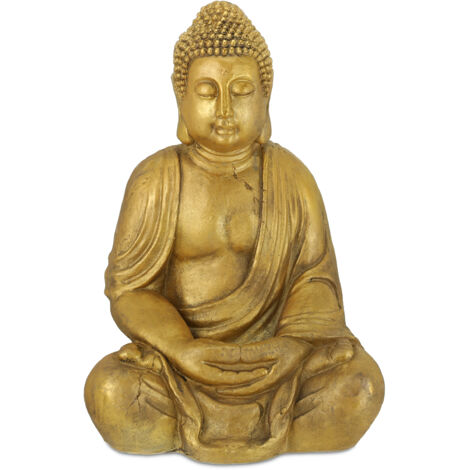 Relaxdays Buddha, Figura da Giardino, Resistente alle Intemperie, Buddha Seduto, Poliresina, HBT: 70x45x35 cm, Dorata