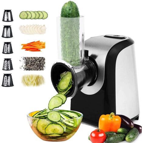 COOCHEER Grattugia elettrica, 150W Affettaverdure elettrico in acciaio inox, con 5 tamburi di taglio per frutta, verdura e formaggio