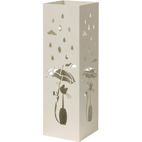 Baroni Home Portaombrelli Design Moderno Porta Ombrelli in Metallo Bianco con Gatto con 2 Gancini e Vaschetta Scolapioggia Rimovibile 15,5X15,5X49 cm