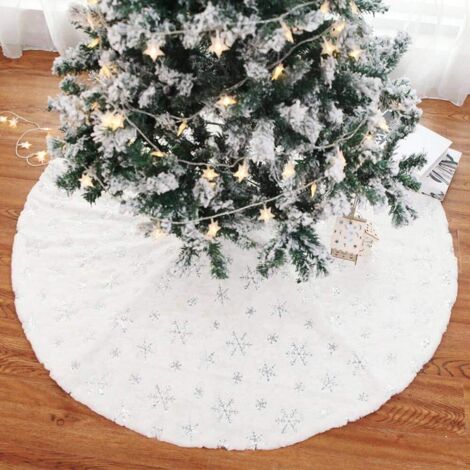 Gonna Albero Di Natale In Peluche - Bianco Con Fiocchi Di Neve Argentati, Diametro 50 Cm - 4