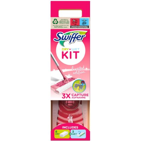 Swiffer Starter Kit Lavapavimenti Cattura Polvere Dry, 1 Scopa Rosa + 8 Panni Asciutti + 3 Panni Wet, Cattura e Intrappola Polvere e Peli, Rimuove Sporco e Batteri, per Tutti Tipi di Pavimenti