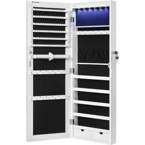 Armadio Portagioielli da Parete con Specchio Senza Cornice, Organizzatore per Gioielli con 6 Luci a LED da Porta o Muro, Grande Capacità con 2 Cassetti, Bianco
