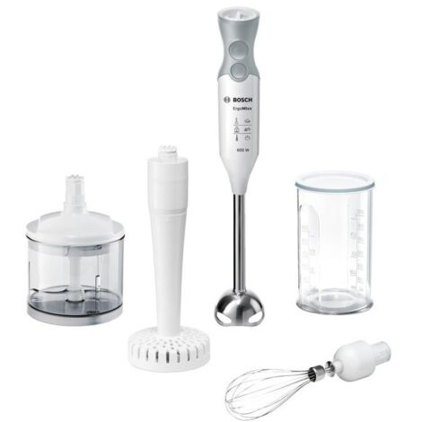 Bosch ErgoMixx Hand Blender - Frullatore a Immersione Portatile, 600 W, 12 Velocità, Lama a 4 Ali, Bicchiere Graduato, Mini Tritatutto, Accessorio per Puré ProPuree e Frusta in Acciaio Inox