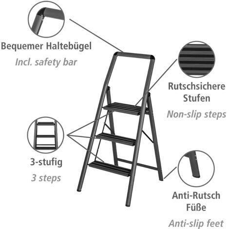 WENKO Scala pieghevole in alluminio Compact a 3 livelli, grigio scuro,  leggera e antiscivolo, scala di