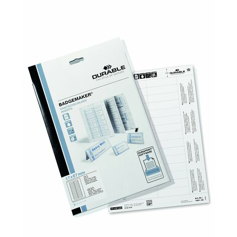 Durable 146102 - Cartoncini per 600 badge, 17 x 67 mm, colore: bianco (1/2)