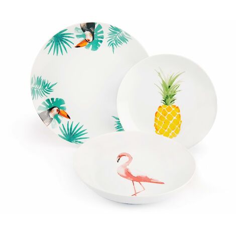 Excelsa Tropical Servizio Tavola 18 Pezzi, Porcellana, Bianco con Decorazioni