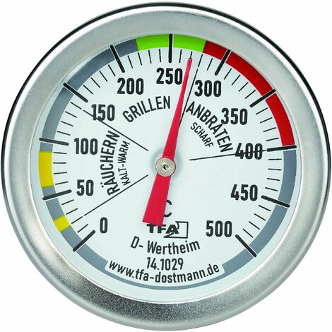 TFA Dostmann Termometro analogico per BBQ, 14.1029, per misurare la temperatura della camera di cottura, per grill/, in acciaio inox, per forno a legna, termometro per carne, termometro da cucina