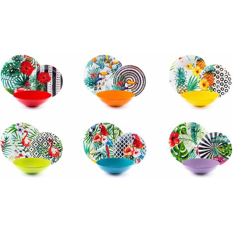 Excelsa Tropical Chic Servizio Piatti 18 Pezzi, Porcellana, Multicolore
