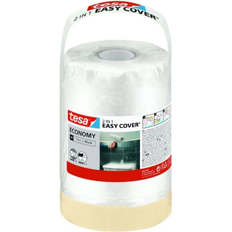 tesa Easy Cover Film ECONOMY - Telo Copritutto per Pittura 2 in 1 con Biadesivo in Carta - 33 m x 55 cm