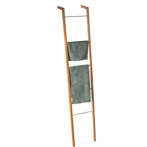 Relaxdays – Portasciugamani a scala in bambù naturale – 5 pioli – Misure HxLxP: 180x35x20 cm – Montaggio a parete – Salvaspazio per bagno e cucina (1/6)
