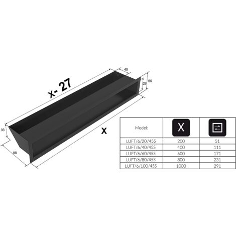 KRATKI griglia di ventilazione AIR  Griglia aria calda 6 x 40 cm  Nero  Griglia di scarico per ventilazione camino  Presa d'aria con un angolo di 45 gradi  resistente al surriscaldamento