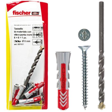 Fischer 12 Tasselli Duopower con Vite e 1 Punta Trapano, 5 x 25 mm, per Muro pieno, Mattone Forato, Cartongesso, 537635