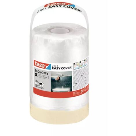 tesa Easy Cover Film ECONOMY - Telo Copritutto per Pittura 2 in 1 con Biadesivo in Carta - 2x 20 m x 55 cm