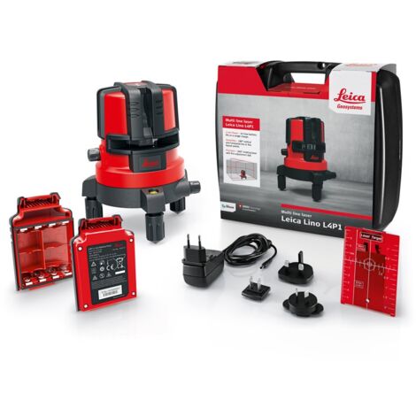 Leica Lino L4P1 – laser multilinea dotato di batteria agli ioni di litio, caricabatteria e valigetta di trasporto (fascio laser rosso, portata di lavoro: 15 m)