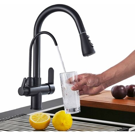 Onyzpily Rubinetto da cucina nero, con doppia maniglia estraibile, filtro acqua pura potabile calda e fredda a 3 vie