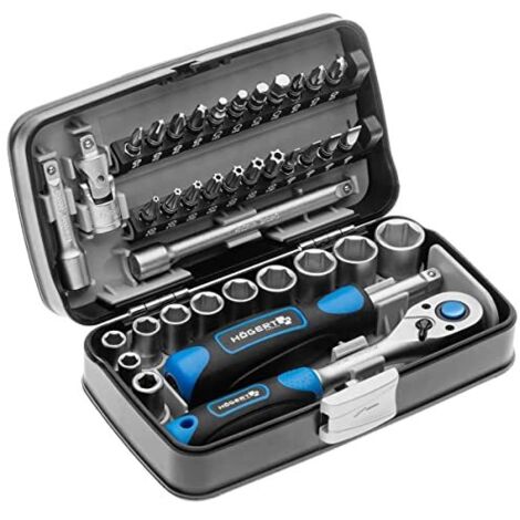 Högert Technik - Cassetta Attrezzi, Set Attrezzi, Valigetta Attrezzi, Set Utensili, Kit Attrezzi, Set di Chiavi a Bussola e Accessori 1/4", Meccanismo a Cricchetto con 72 Denti - HT1R462, 38 Pezzi (1/4)