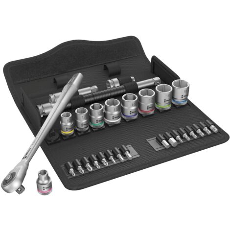 Wera, 8100 SA B 7 Kit con cricchetto Zyklop Metal con passante quadro attaco da 3/8", metrico, 29 pezzi