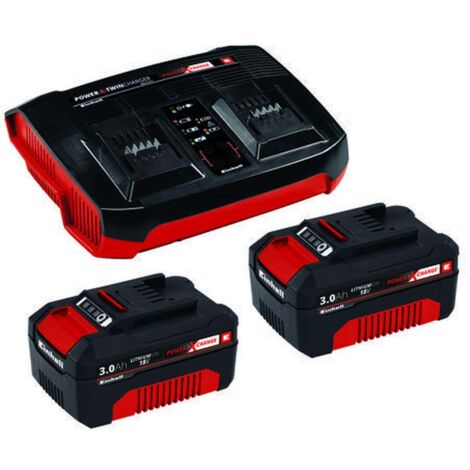 Originale Einhell 2x 3,0Ah & Twincharger Kit Power X-Change (tensione 220-240 V, 50-60 Hz, 18V, incl. 2 batterie 3 Ah e caricabatteria doppio) (1/4)
