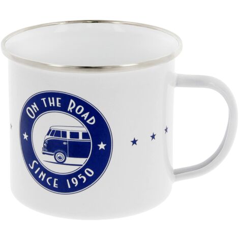 Brisa VW Collection - Volkswagen tazza in metallo smaltato da tè, caffè, camping, outdoor, Campervan T1 Bus design (On the road/Bianco/500ml) (1/4)