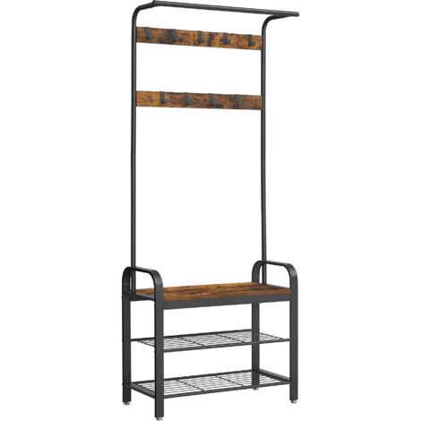 VASAGLE Appendiabiti con Scarpiera, Mobile da Ingresso con Panca, 4 in 1, 9 Ganci Rimovibili, Barra Attaccapanni, Entrata Corridoio, 33,7 x 72 cm, Industriale, Marrone Vintage e Nero HSR40B