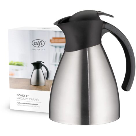 alfi BONO TT 1,0l, caraffa thermos isolante con doppia parete in acciaio, con plastica nera, tiene caldo per 12 ore, freddo per 24 ore, chiusura a vite con comodo pulsante,per lavastoviglie,senza BPA (1/4)
