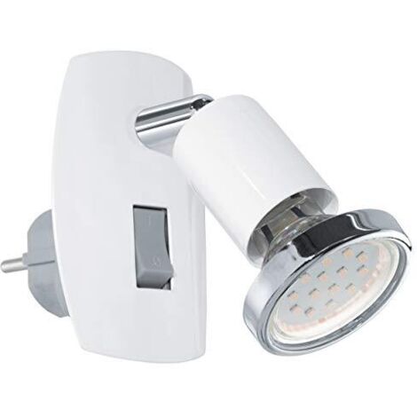 EGLO Mini Lampada spot con spina di alimentazione elettrica, lampada con spina elettrica integrata, lampada per presa di corrente in acciaio, colore: bianco, cromo attacco: GU10, interruttore incluso