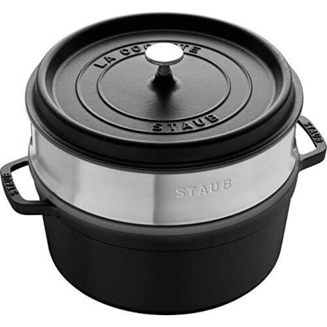 STAUB Casseruola/Cocotte in Ghisa, con Inserto per Cottura a Vapore, Tonda 26 cm, 5,2 litri, Interno della Pentola con Smaltatura Nera Opaca, Nero (1/4)