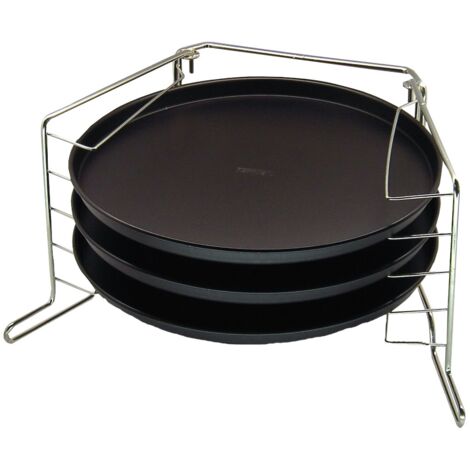 Zenker Pizzaset, 4-delige pizza bakplaat set met 3 anti-aanbak pizza pannen van Ø 29 cm & een metalen houder voor 5 ronde pizza’s & Flammkuchen, (Kleur: zwart) (1/5)