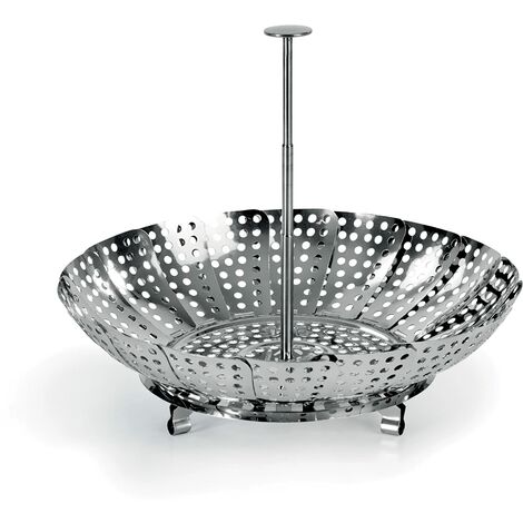 Cestello a vapore manico telescopico, Acciaio inox, ø23 cm, Ideale per cottura a vapore in pentola a pressione e pentola normale. Regolabile. Manico rimovibile+estensibile.