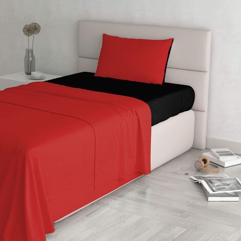 Italian Bed Linen Natural Color Completo Letto Double Face, 100% Cotone,  Rosso/Nero, Una Piazza