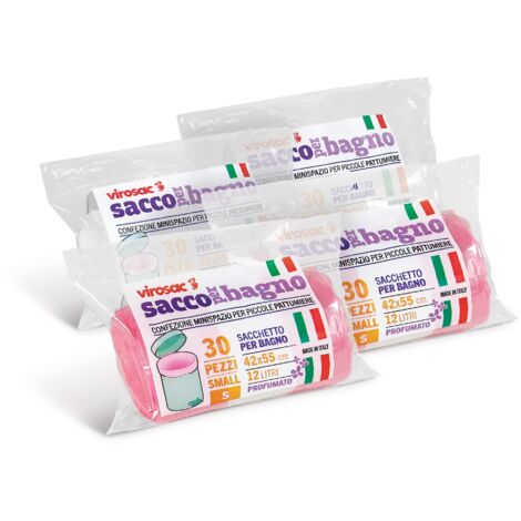 VIROSAC Sacco Bagno 42x55, 30 sacchetti per rotolo, kit da 4 rotoli, 2 rotoli rosa + 2 rotoli bianchi