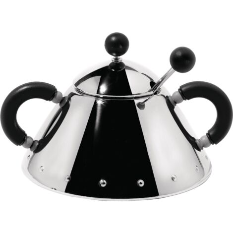 Alessi 9097 B Zuccheriera con Cucchiaino in Acciaio Inossidabile 18/10 Lucido, Manici e Pomolo in PA, Nero (1/4)