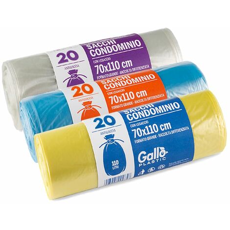 Gallo, Sacchi per Raccolta Differenziata, 20 sacchetti per rotolo, kit da 3 rotoli, 70x110cm, 110 Litri, Blu, Trasparente, Giallo