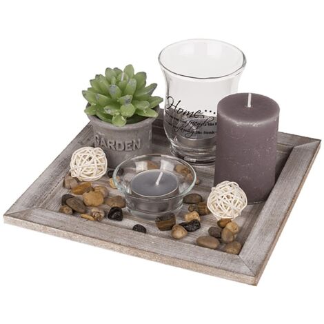 out of The Blue kg Articoli Decorativi/Piatto Quadrato in Legno Naturale con portacandele, Candele e Pietre Decorative (1/3)