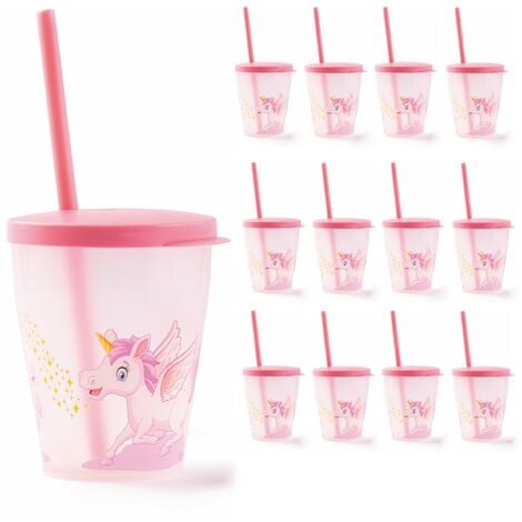 Snips Set di 12 Bicchieri con cannuccia e coperchio con decoro Unicorno 385  ml BPA Free
