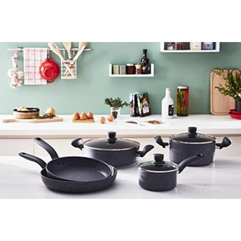 Lagostina Antea Set di Pentole e Padelle Antiaderenti, 8 Pezzi, Batteria di Pentole con 2 Casseruole, 2 Padelle, Tegame, 3 Coperchi in Vetro, Rivestimento Meteorite Mineral Resistente ai Graffi
