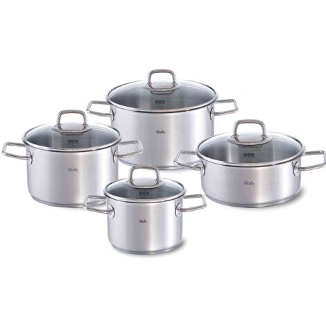 Fissler Viseo Set di pentole in acciaio inox, 4 pezzi, con coperchio in vetro, per cottura a induzione e tutti i tipi di fornelli, 3 pentole, 1 rostiera (1/4)