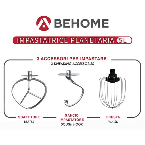 Behome Impastatrice Planetaria Professionale 5L Rosso 6 Velocità, 2 fruste  e 1 gancio per impastare