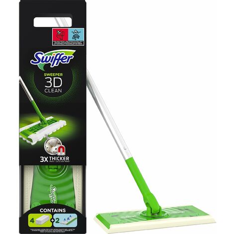 Swiffer 3D Scopa e Lavapavimenti, 1 Manico, 4 Panni Cattura Polvere e 2 Panni Lavapavimenti, Cattura Polvere e Sporco, Ottimo per Tutti i Tipi di Pavimenti e per i Peli di Animali