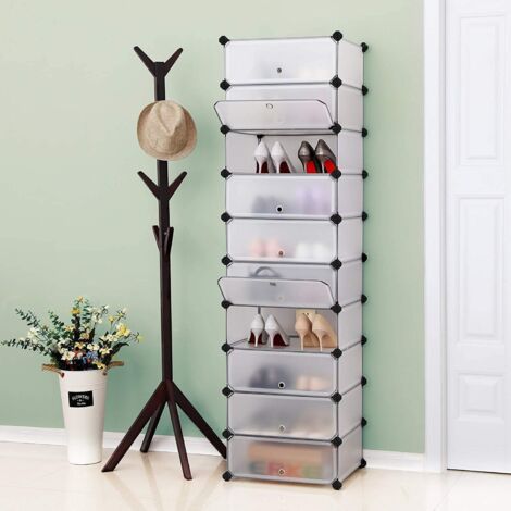 SONGMICS Scarpiera a 10 Scomparti, Scaffale Componibile in Plastica, Armadietto Portascarpe Fai da Te con Ante e Martelletto, Mobiletto Porta Scarpe, Bianco LPC10W