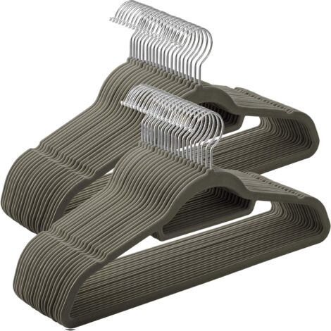 SONGMICS Grucce Appendiabiti in Velluto, 50 Pezzi, Salvaspazio e Antiscivolo, Gancio Girevole a 360°, Spesso 0,6 cm, Largo 43,5 cm, Cappotti Pantaloni, Grigio e Argento CRF50V